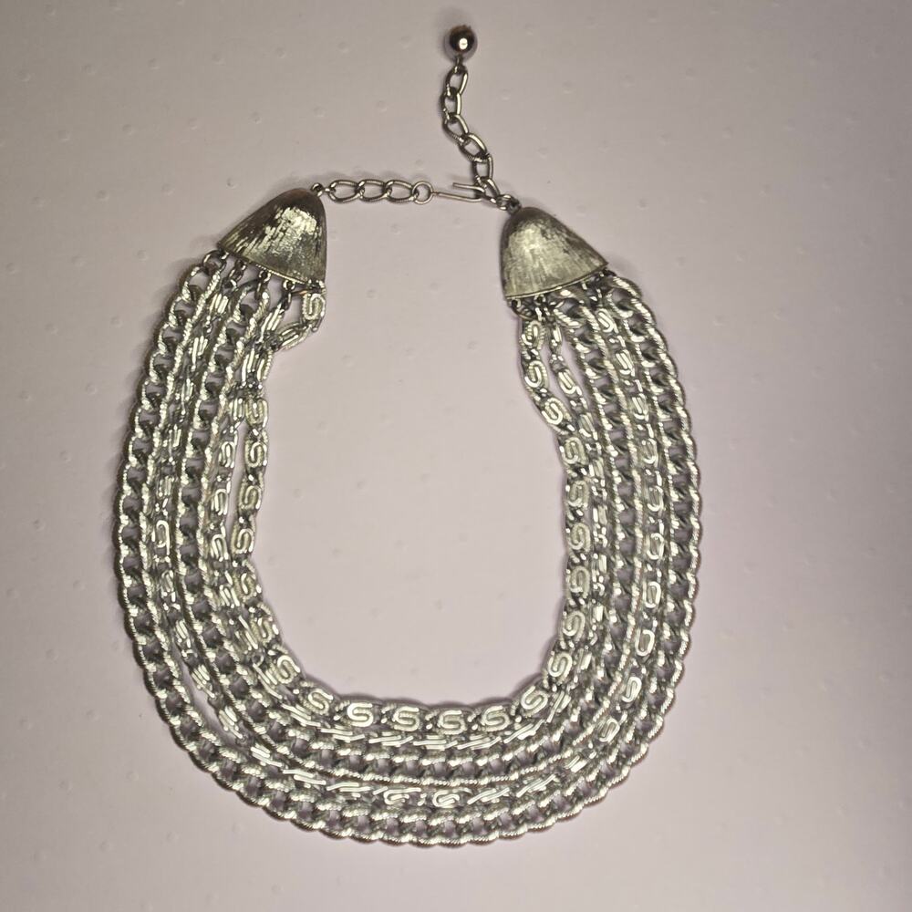 Vintage Silver Tone Multi-Strand Statement Necklace - Bold Chainmail Style